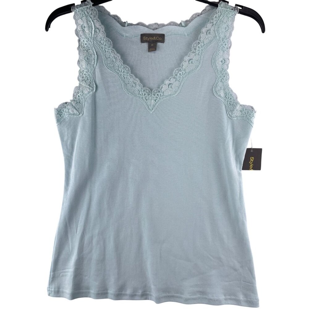 Style & Co. Scallop Tank Top XS Minty Turquoise Lace Trim Sleeveless